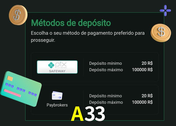 O cassino A33 oferece uma grande variedade de métodos de pagamento